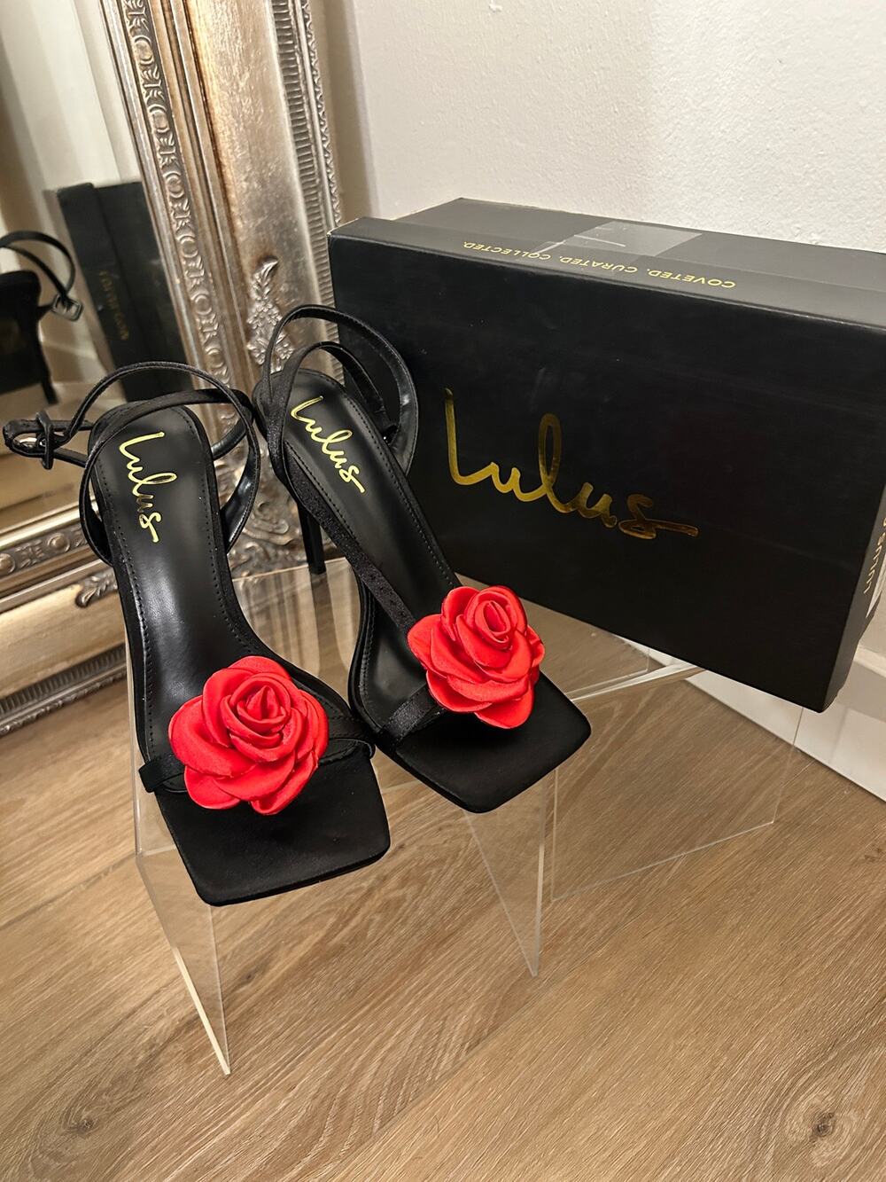 Black Satin Red Rosette Ankle Strap Heels by Lulus Size 7
